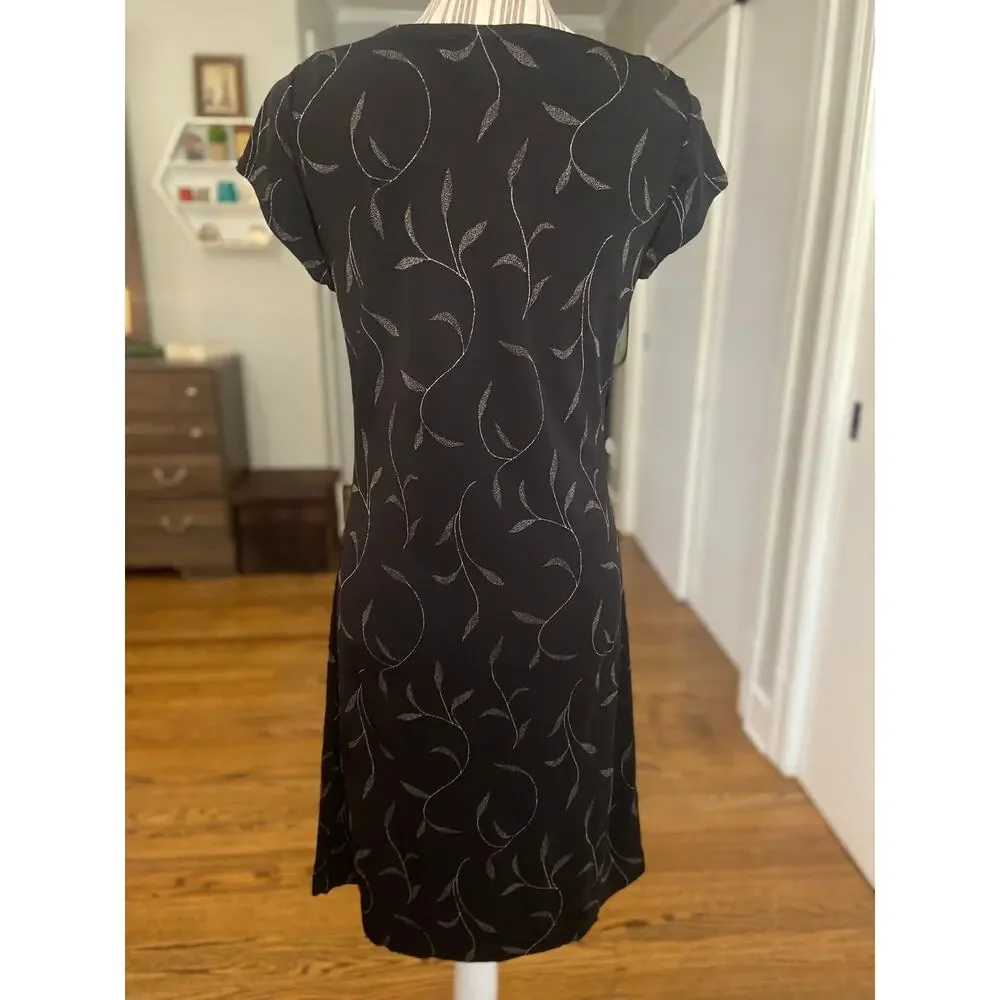 Banana Republic slinky knit black/tan botanical print short sleeve dress